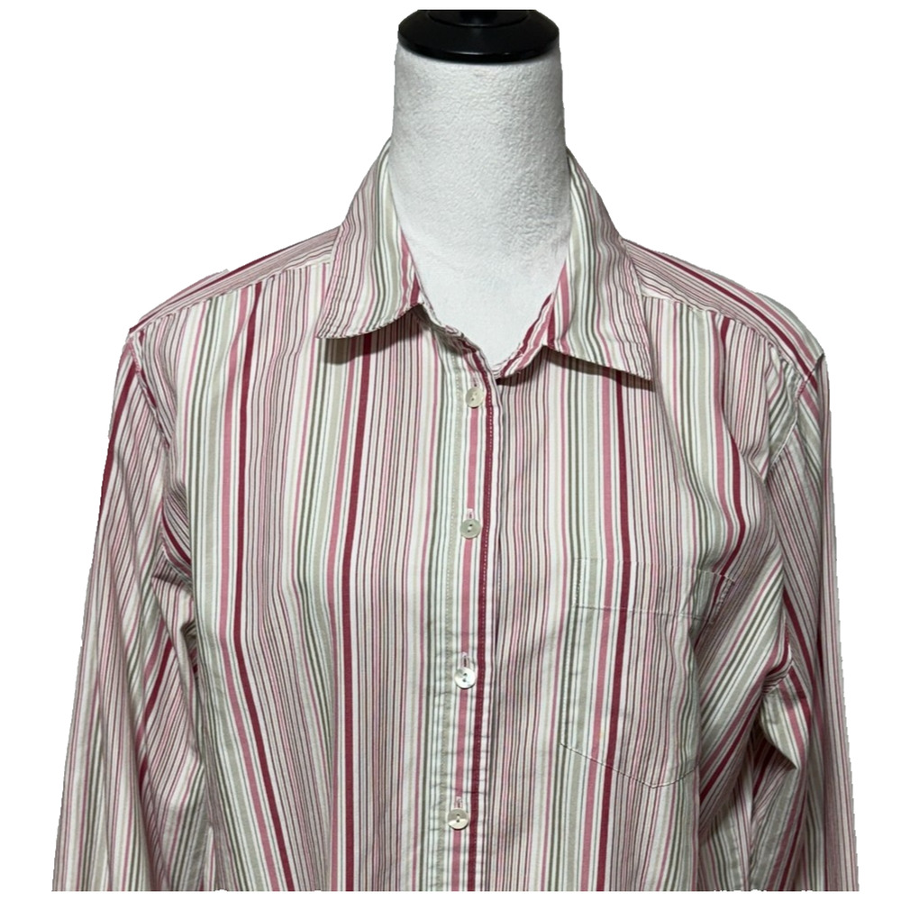 Talbots Top Womens‎ 14 Pink Gray White Striped Button Up Long Sleeve Pocket